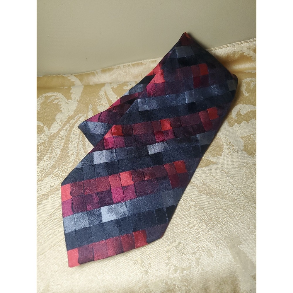Lamberti OS Silk Tie Mens Red Grey Geometric Woven Made In Italy Formal Business